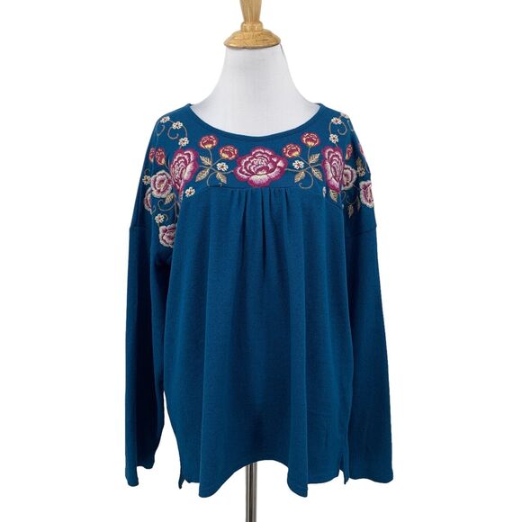 Savanna Jane Sweater Womens L Large Blue Knit Embroidered Floral Pleated Boho - Picture 1 of 11